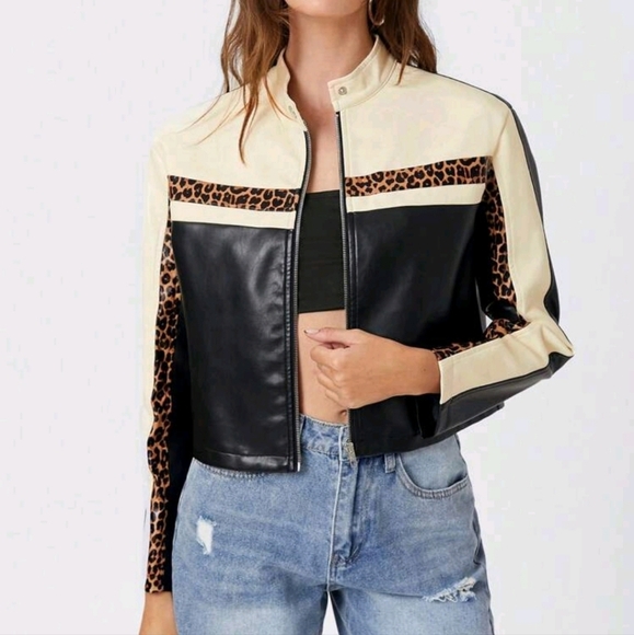 Spring And Autumn Leopard Print & Color Block Zip Short Jacket - Picture 1 of 5